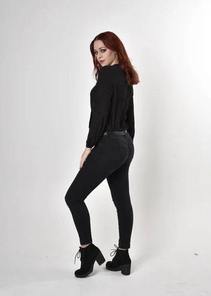 Portrait Pretty Girl Red Hair Wearing Black Jeans Boots Blouse — Stock Photo, Image