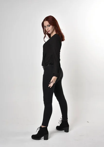 Portrait Pretty Girl Red Hair Wearing Black Jeans Boots Blouse — Stock Photo, Image