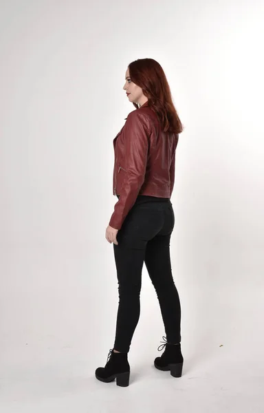 Portrait Pretty Girl Red Hair Wearing Black Jeans Boots Leather — Stock Photo, Image