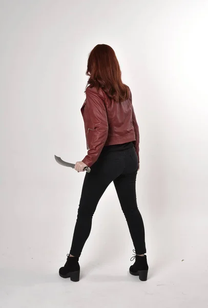 Portrait Pretty Girl Red Hair Wearing Black Jeans Boots Leather — Stock Photo, Image