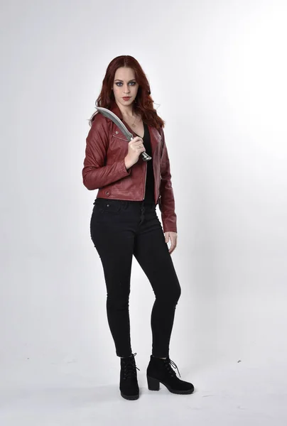 Portrait Pretty Girl Red Hair Wearing Black Jeans Boots Leather — Stock Photo, Image