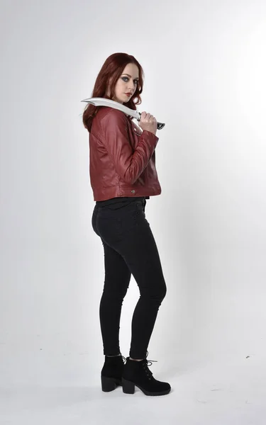 Portrait Pretty Girl Red Hair Wearing Black Jeans Boots Leather — Stock Photo, Image