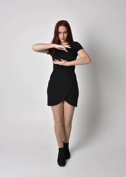 Portrait Pretty Girl Red Hair Wearing Short Black Dress Boots — Stock Photo, Image