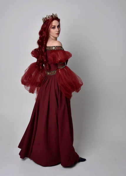 Portrait Beautiful Woman Red Hair Wearing Flowing Burgundy Fantasy Gown — Stock Photo, Image