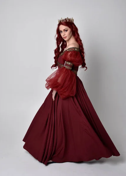 Portrait Beautiful Woman Red Hair Wearing Flowing Burgundy Fantasy Gown — Stock Photo, Image