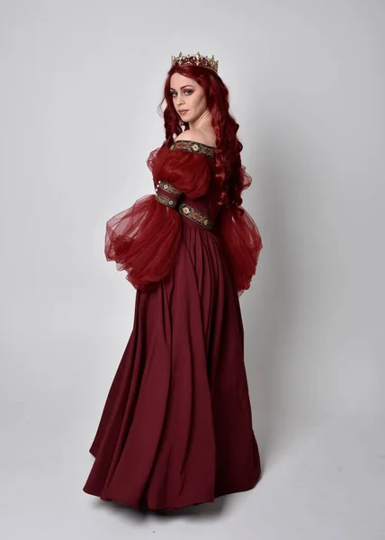 Portrait Beautiful Woman Red Hair Wearing Flowing Burgundy Fantasy Gown — Stock Photo, Image