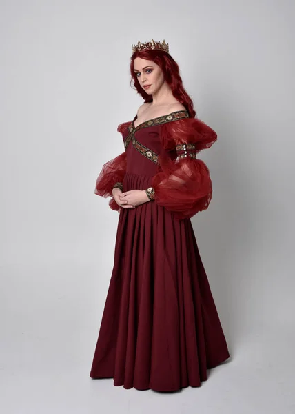 Portrait Beautiful Woman Red Hair Wearing Flowing Burgundy Fantasy Gown — Stock Photo, Image