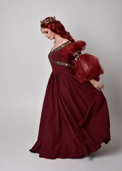 Portrait Beautiful Woman Red Hair Wearing Flowing Burgundy Fantasy Gown — Stock Photo, Image