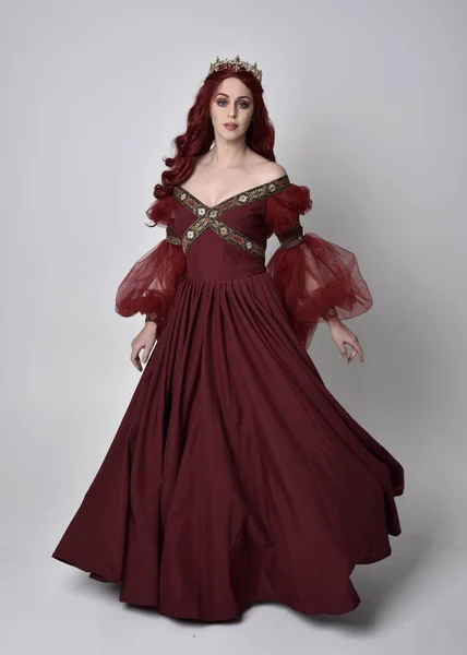 Portrait Beautiful Woman Red Hair Wearing Flowing Burgundy Fantasy Gown — Stock Photo, Image