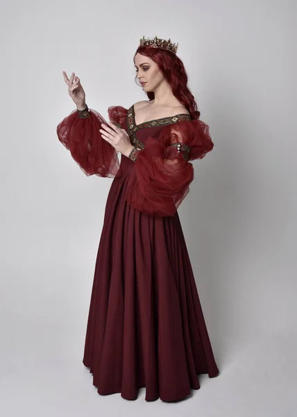 Portrait Beautiful Woman Red Hair Wearing Flowing Burgundy Fantasy Gown — Stock Photo, Image