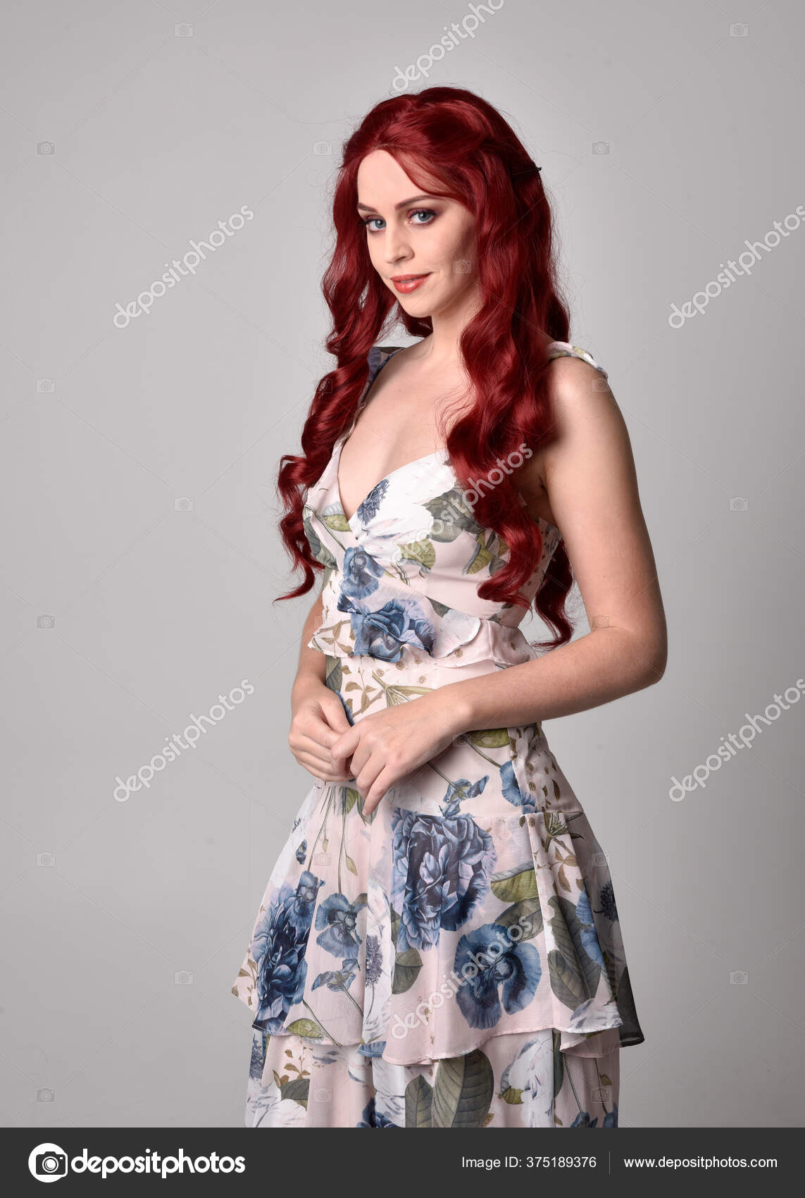 Portrait Beautiful Woman Red Hair Wearing Flowing Floral Gown Pose