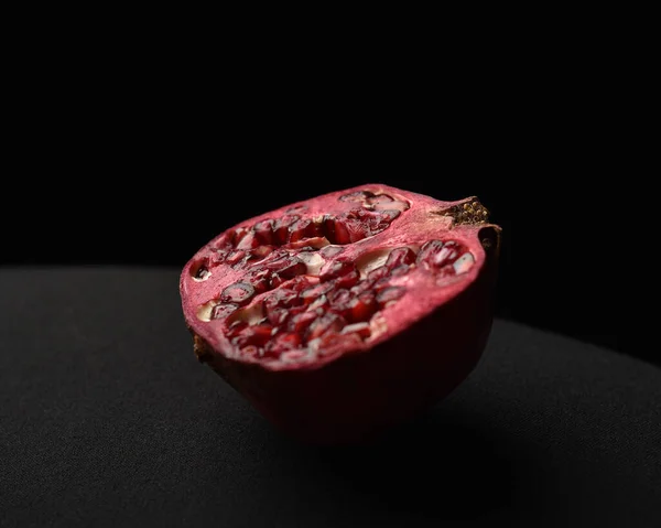 Close Fruit Still Life Pomegranates Cut Open Black Studio Background — Stock Photo, Image
