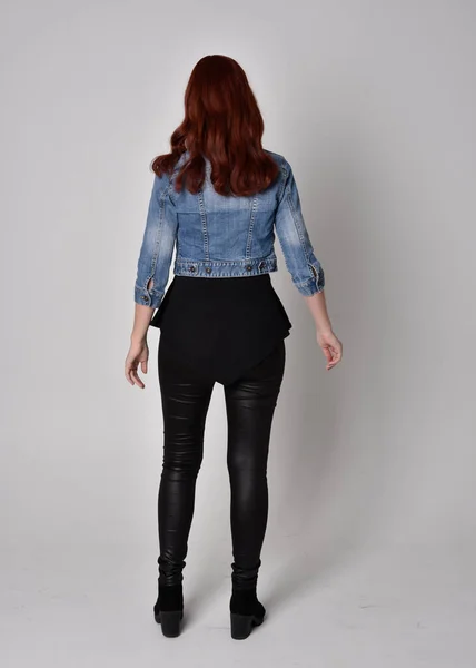 Portrait Pretty Girl Red Hair Wearing Black Leather Pants Denim — Stock Photo, Image