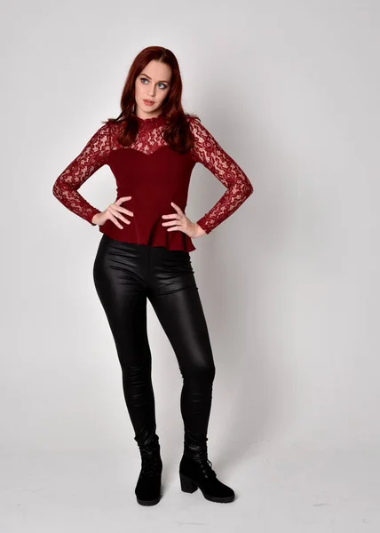 Portrait Pretty Girl Red Hair Wearing Leather Pants Long Sleeved — Stock Photo, Image