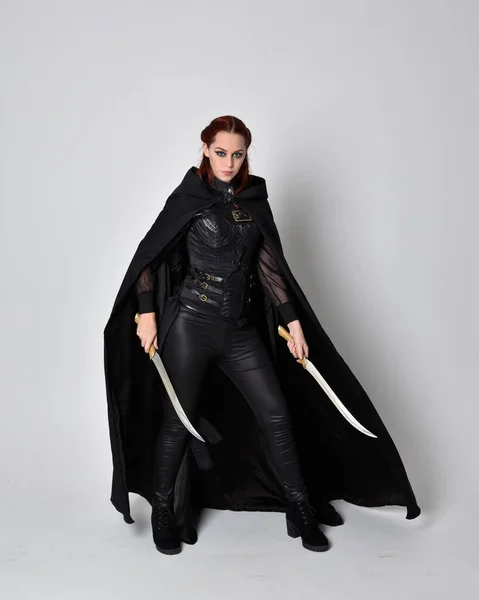 Fantasy Portrait Woman Red Hair Wearing Dark Leather Assassin Costume — Stock Photo, Image