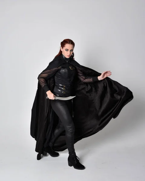 Fantasy Portrait Woman Red Hair Wearing Dark Leather Assassin Costume — Stock Photo, Image