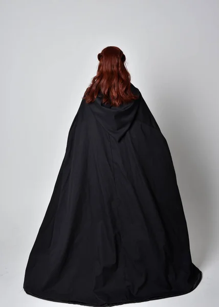 Fantasy Portrait Woman Wearing Long Black Cloak Full Length Standing — Stock Photo, Image