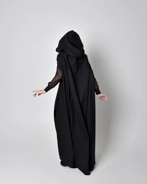 Fantasy Portrait Woman Wearing Long Black Cloak Full Length Standing — Stock Photo, Image