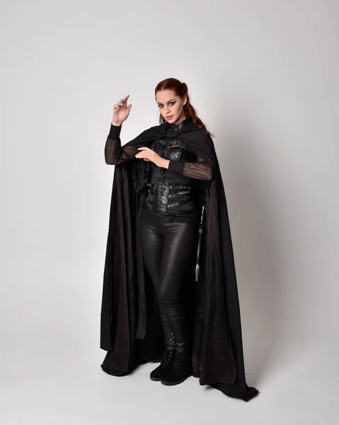 Fantasy Portrait Woman Red Hair Wearing Dark Leather Assassin Costume — Stock Photo, Image