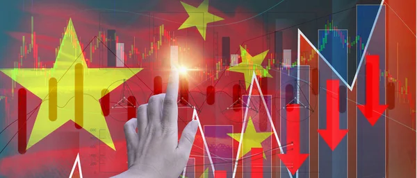 Double exposure-hand touch forex graph, trade war between superpo — стоковое фото