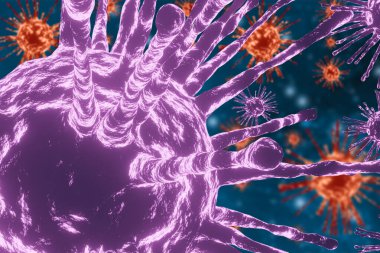 3 boyutlu illüstrasyon medikal salgın Corona virüsü veya covid 19 konsepti, mikroskop testi ile dünya çapında salgın yeni virüs türlerini korumak için grip virüs hücresini mikroskop ile kapatın