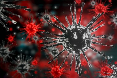 3 boyutlu illüstrasyon medikal salgın Corona virüsü veya covid 19 konsepti, mikroskop testi ile dünya çapında salgın yeni virüs türlerini korumak için grip virüs hücresini mikroskop ile kapatın