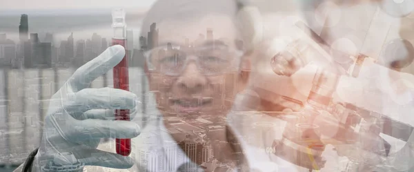 Double exposure senior doctor,scientist expertise experiment,test virus and medicine pharmaceutical in glass tube,city background,microscope equipment,research laboratory room,banner header panoramic