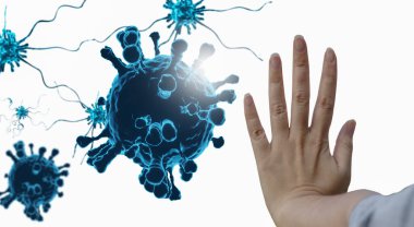 Kadın elini Coronavirus 'a ya da covid virüsü 19' a uzat, işaret salgını virüsünü yasakla ve durdur, konsept virüsü yayıldı ve salgın başladı ve solunum sisteminde pandemik yayıldı, 3 boyutlu resimleme