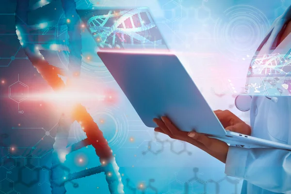 Doktor ya da bilim adamı dizüstü bilgisayar analizi DNA yapı molekül zinciri, konsept tıbbi ve genetik, 3D resimleme, bilim biyoteknoloji insan hücresi biyokimya laboratuvarında
