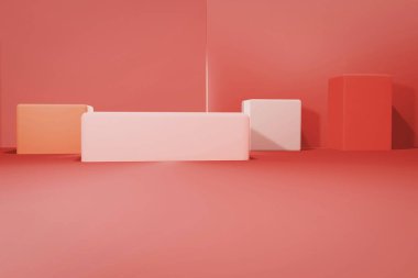 3D canlandırma geometrik asgari modern konsept, pastel pembe renk küp podyumu veya kaidesel arkaplan ve model tasarımı, ürün gösterimi için boş alan, reklam için kopyalama alanı