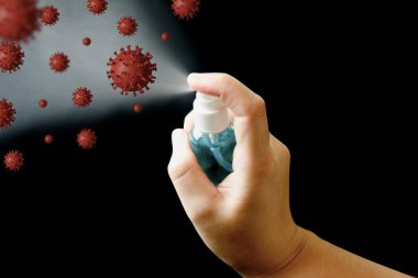 Koronavirüsü veya virüs kovid 19, bakteri ve kirliliği korumak için alkol spreyi sıkan kadın, virüs ikonu 3 boyutlu resimleme, konsept sağlık hizmetleri, salgın ve solunum sisteminde pandemik