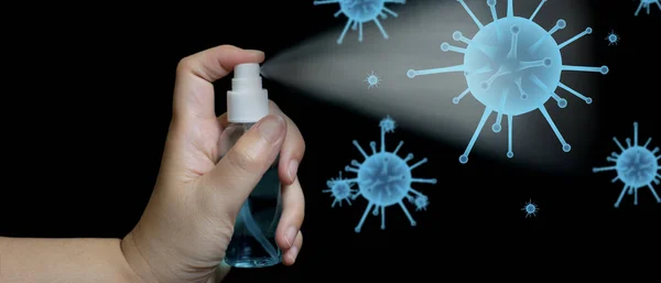 Woman spraying alcohol cleaning to protect coronavirus or virus covid 19,bacteria and dirty,with virus icon 3D render illustration,concept health care,outbreak and pandemic on respiratory system