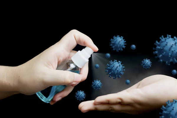 Woman spraying alcohol cleaning to protect coronavirus or virus covid 19,bacteria and dirty,with virus icon 3D render illustration,concept health care,outbreak and pandemic on respiratory system