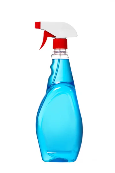 Pencere temizleyici sprey ile plastik şişe. Mavi renk penceresi ile kırmızı bere temizleyici