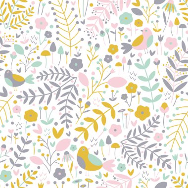 Hardal Dikişsiz desen vektör, yeşil, pembe ve gri kuşlar, defne, üzüm, çilek, çiçekler ve kalpleri beyaz zemin üzerine nane. Büyük terzilik ve ev dekor kumaş için.