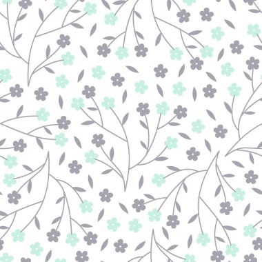 Vektör seamless modeli küçük nane ve gri kiraz çiçeği çiçek dalları üzerinde. Büyük ev dekor kumaş, Çocuk Tekstil ve bahçe ürünleri.