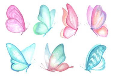 Kelebekler uçan koleksiyonu suluboya.