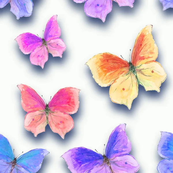 Ακουαρέλα χωρίς ραφή πρότυπο χρωματισμένες πεταλούδες — Φωτογραφία Αρχείου