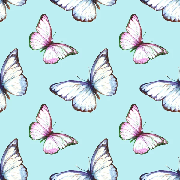 Akwarela bezszwowe wzór pomalowana motyli — Zdjęcie stockowe