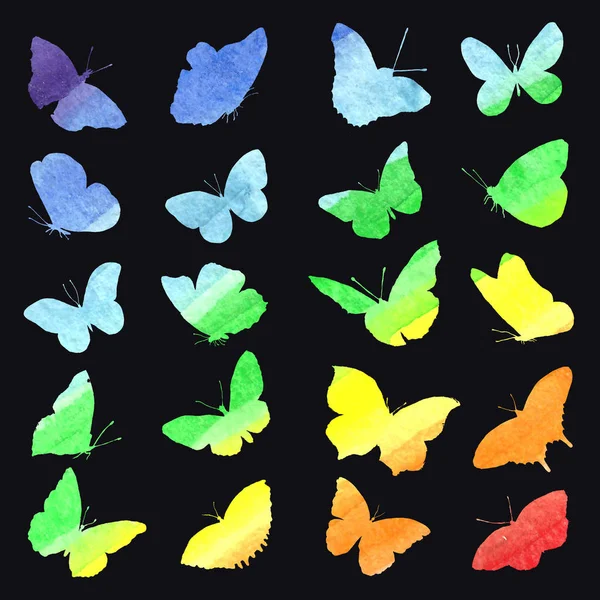 Watercolor collection of silhouettes of butterflies painted in d — Stock Photo, Image