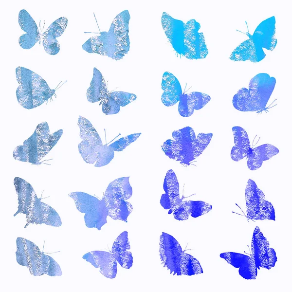 Sada akvarel siluety motýla v modrém tónu — Stock fotografie