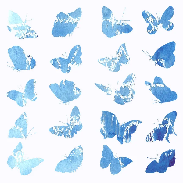 Siluety motýlů v akvarely v modrém. — Stock fotografie