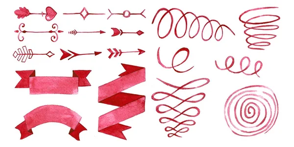 Flechas rojas, banderas de cintas, espirales y muelles en watercolo —  Fotos de Stock