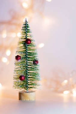 Renkli arka planda izole edilmiş küçük bir Noel köknar ağacı. Şenlikli Noel arkaplanı