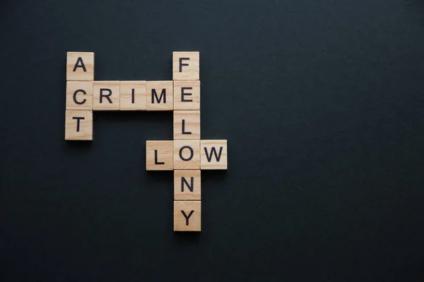 words related to crime, to the offense collected in a crossword puzzle with wooden cubes on a black background