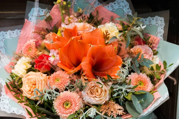 Flower bouquets backgrounds of bright variety of colors, beautiful details in one bouquet. Selective focus