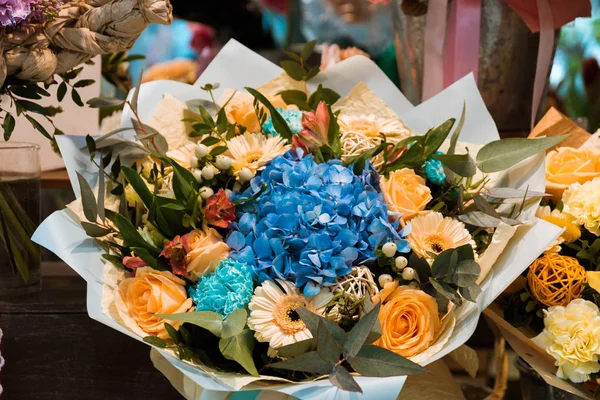 Flower bouquets backgrounds of bright variety of colors, beautiful details in one bouquet. Selective focus