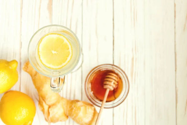 Beban Caliente Con Jengibre Limón Miel Prevención Los Resfriados Enfoque — Foto de Stock