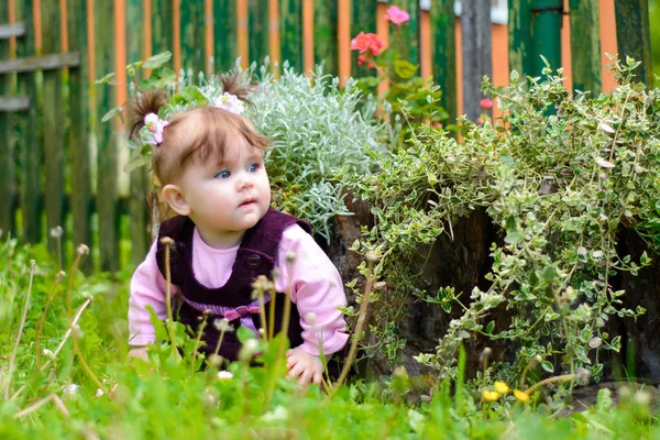 Amazing Ukrainian Little Girl Sits Flower Amazing Summer Demonstrates Beauty — Stock Photo, Image