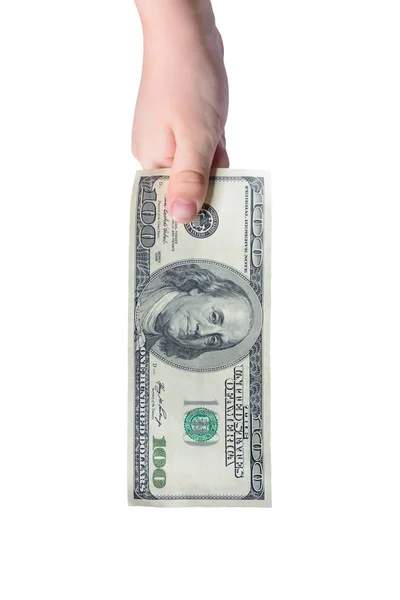 Маленький мальчик держит 100 долларов в руках, изолированный на белом фоне — стоковое фото